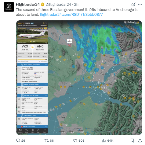 广禾配资 外媒：飞行航班信息平台显示，一架俄专机降落在美阿拉斯加州安克雷奇