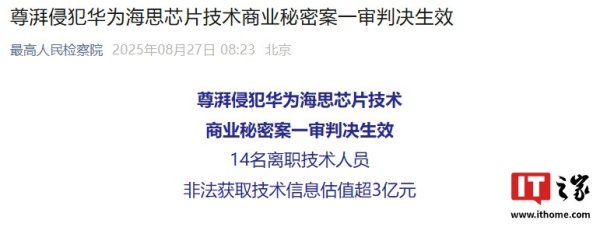 融亿操盘 尊湃侵犯华为海思芯片技术商业秘密案一审判决生效